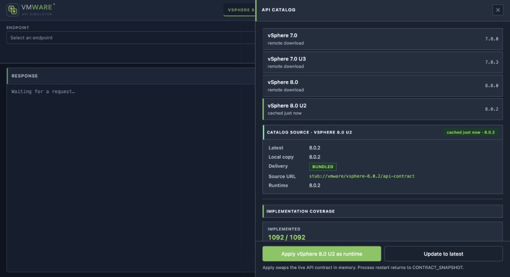 API catalog with vSphere 8.0 U2 selected